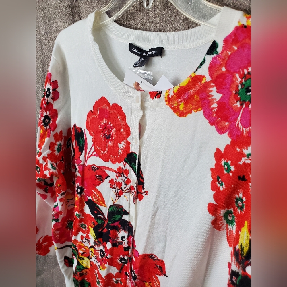 Womens XXL Cable & Gauge Floral Cardigan - White and Red - Picture 10 of 11